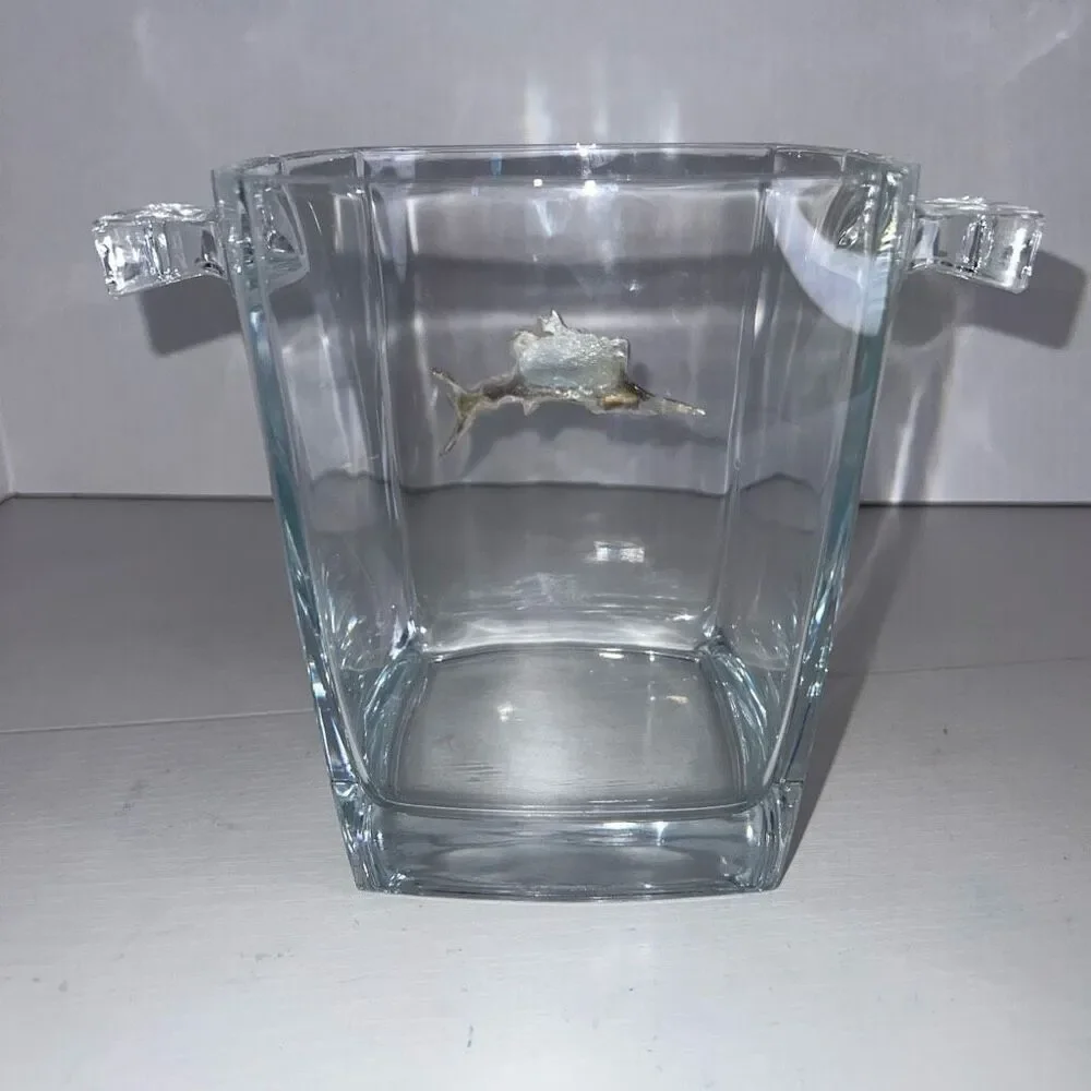 Vintage Maurice Milleur Clear Ice Bucket With Silver Plate Marlin Classic Beach